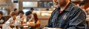 A pest control technician in a uniform inspects a café, while happy customers enjoy their meals in the clean, inviting atmosphere.